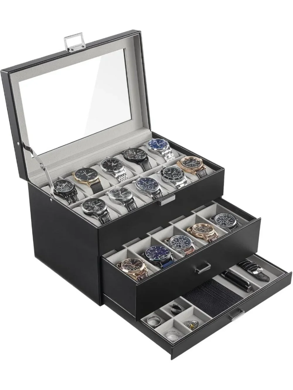 20-Slot Black Watch Box with Glass Lid - 3-Layer Organizer for Men’s Watches